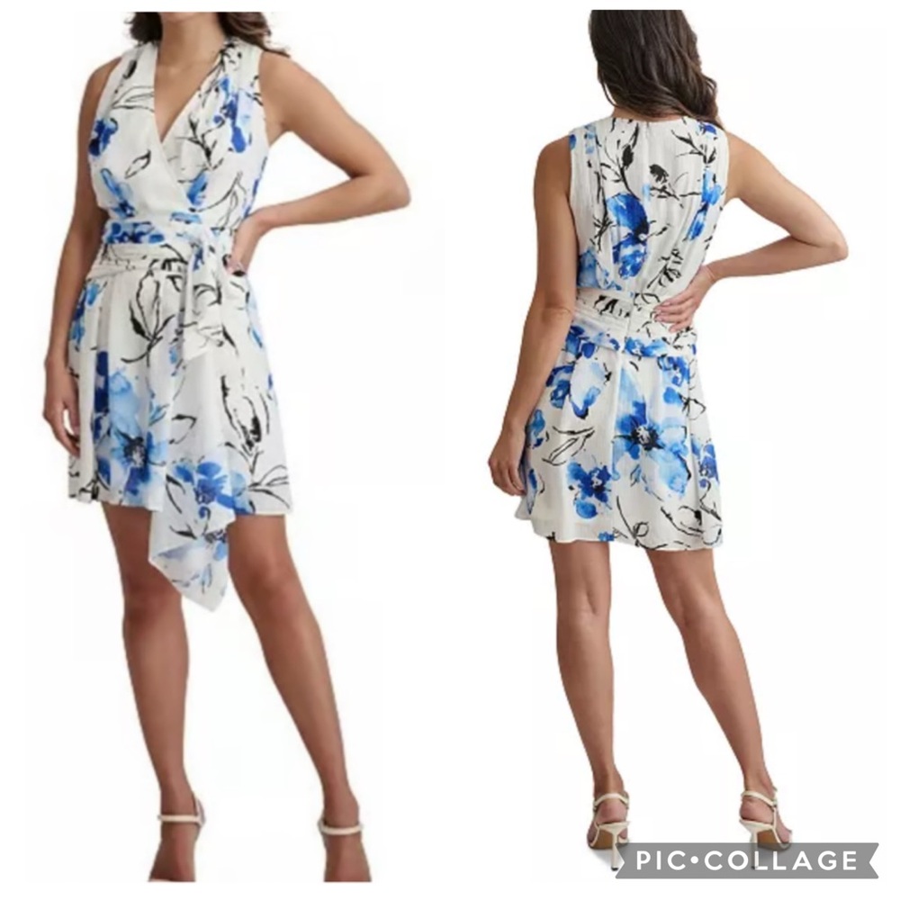 DKNY Floral Printed Draped Front Mini Dress Blue 12‎